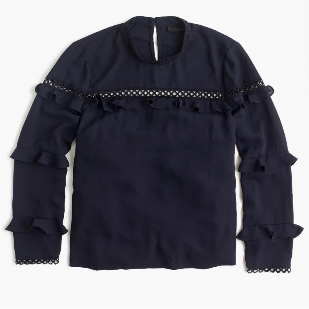 Navy Blouse Tiered Ruffle Top Scallop Lace Trim